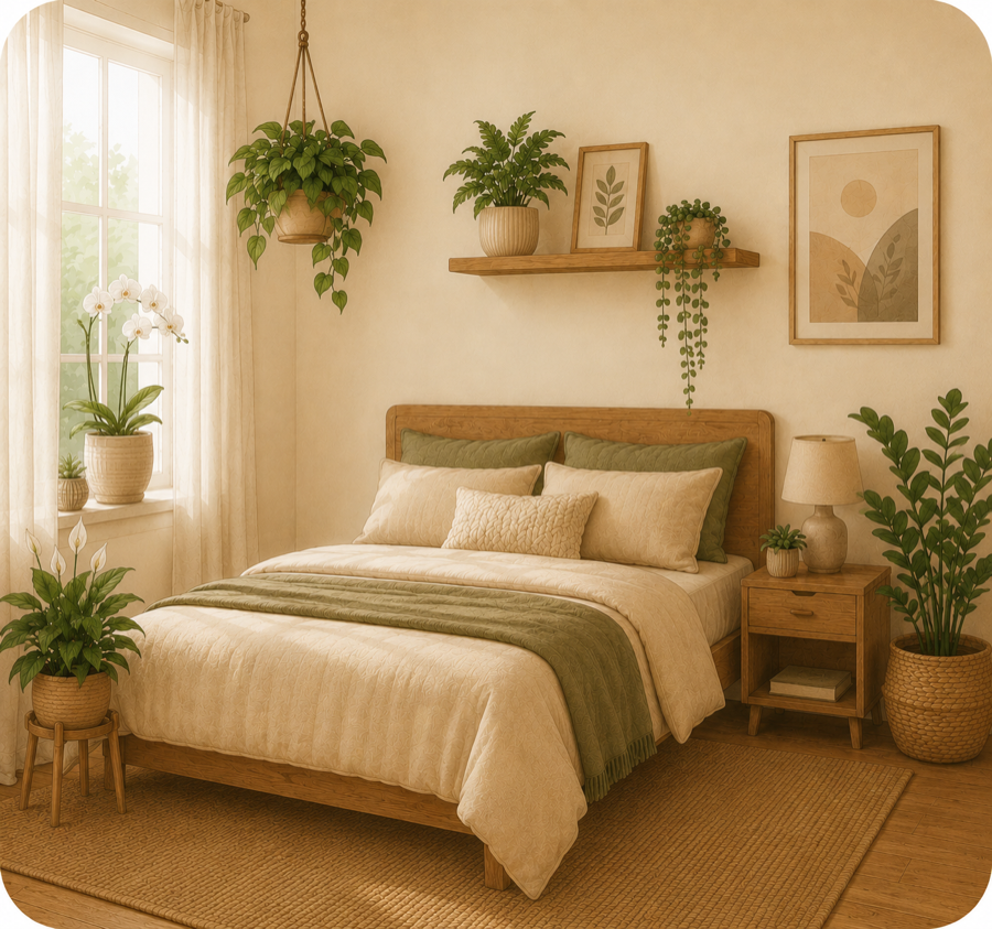 Um quarto com plantas reais, tal como aparece na app